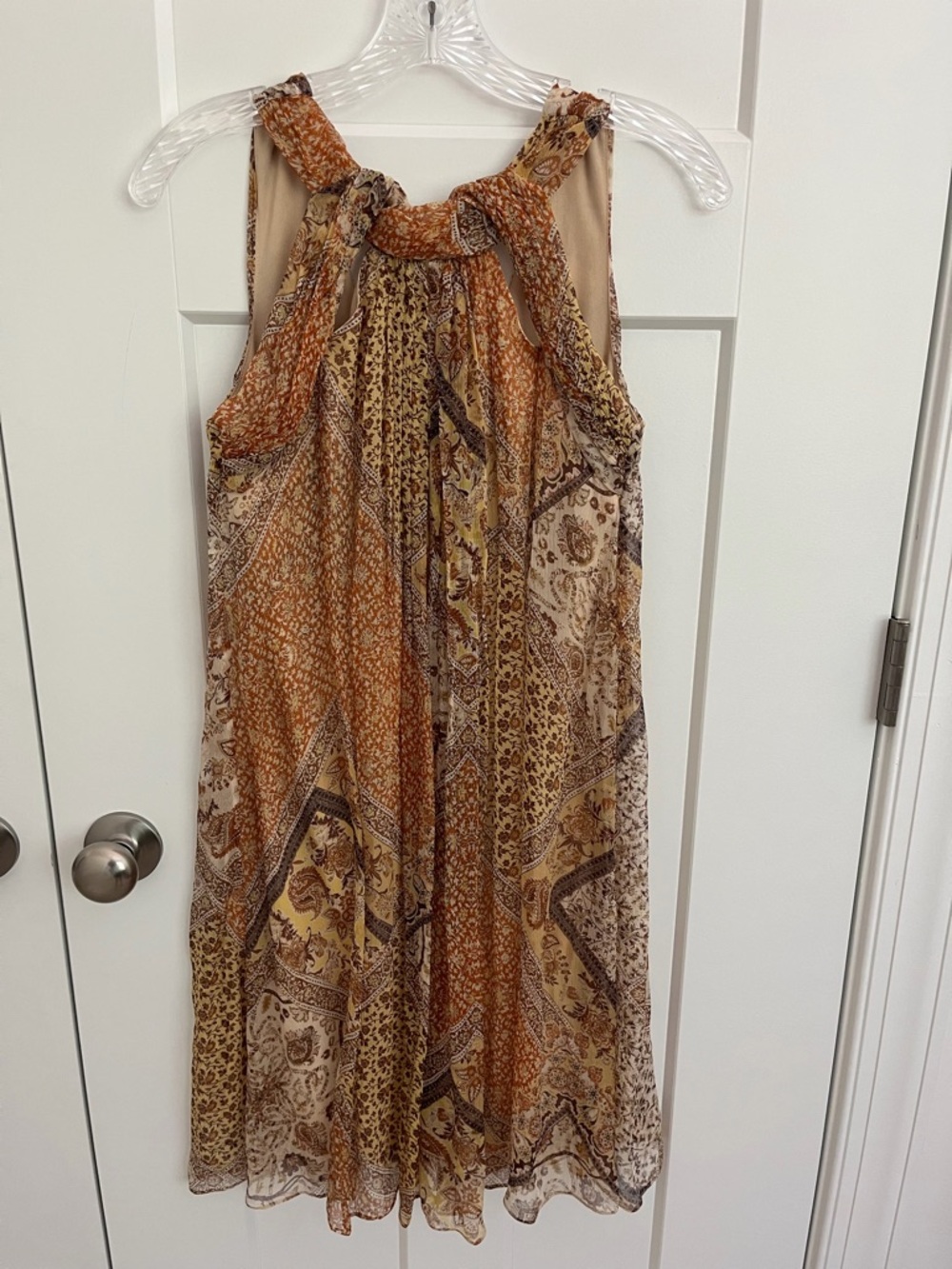 Worth Petite 100% Silk Patchwork Paisley Boho Dress Size 6 Sleeveless Earthy